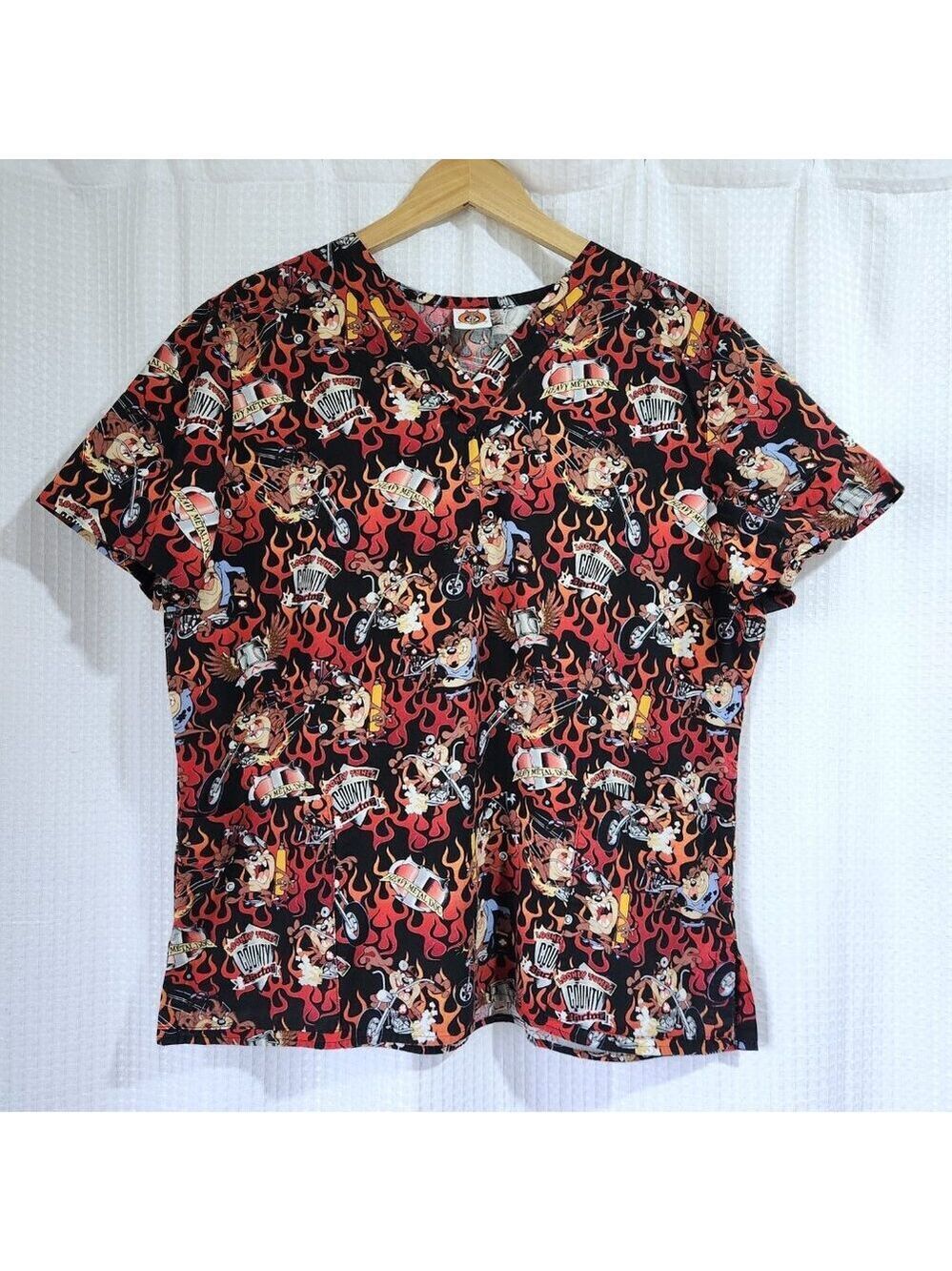 Looney Tunes Taz Scrub Top Women’s XL V‑Neck Pockets Nursing Uniform